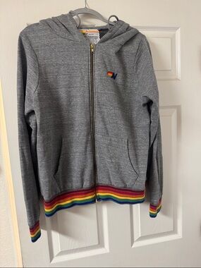 Aviator Nation Gray Zip Hoodie with Rainbow Stripe Hem